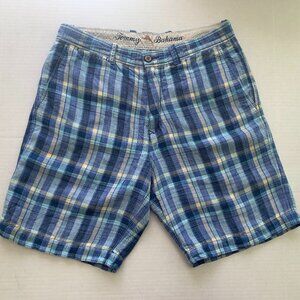 Tommy Bahama Shorts Men 30 Blue Beige Plaid Tencel Linen Vacation Beach 30x9